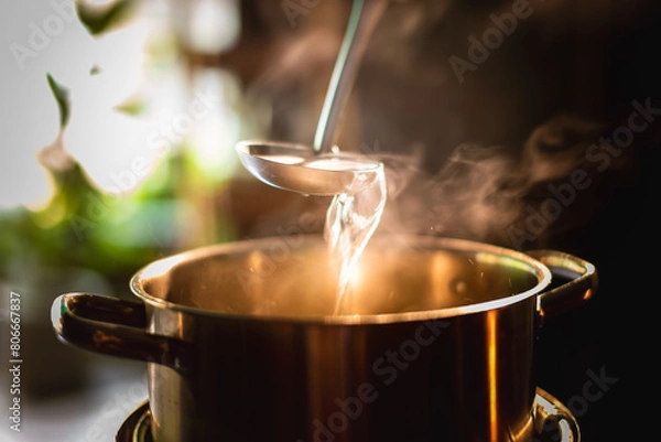 Fototapeta A boiling pot steams up as a restaurant's chef uses a ladle to stir soup in a cooking pot in the morning.