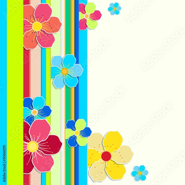 Fototapeta Bright card with a border of colored stripes and flowers.
