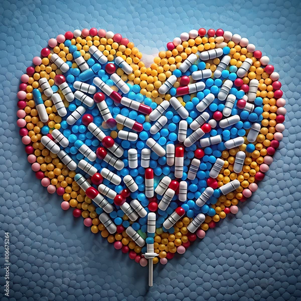 Fototapeta Set of pills and needles around it and heart 