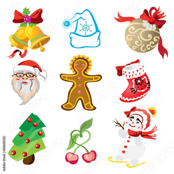 Fototapeta Vector set of christmas icons in cartoon style. Art -
