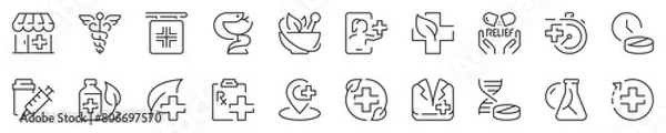 Fototapeta Line icons about pharmacy and medication. Contains such icons as treatments, naturophaty, dose and more. Editable vector stroke 2 of 2 sets. 512x512 Pixel Perfect in transparent background.