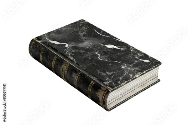 Fototapeta A black book with yellowing pages. The book is closed and the spine is facing the viewer. The book is isolated on a white background.