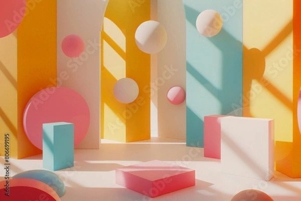 Fototapeta Bright and bold geometric shapes in 3D floating over a minimalist 2D backdrop, creating a playful and joyful atmosphere