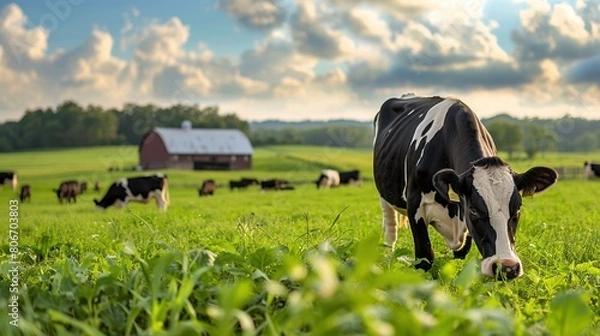 Obraz A beautiful black and white cow grazes peacefully in a lush green field surrounded by a serene pastoral landscape. Farming concept