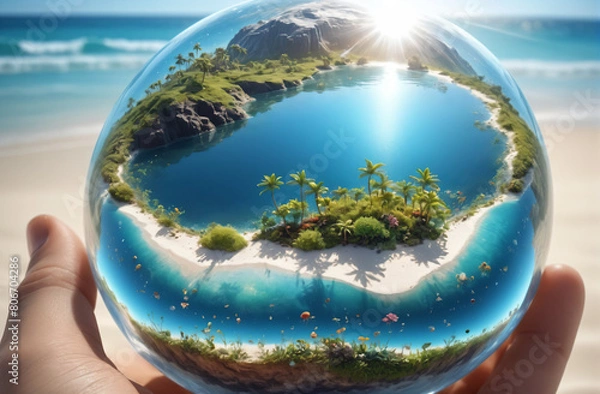Obraz on the eve of your vacation, your journey is in your hands, a transparent globe with a paradise tropical beach, sea. Design for banner, postcard, tourism product