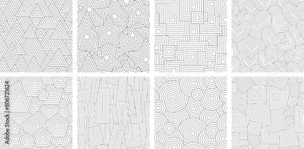 Fototapeta Black and white seamless pattern for coloring book in doodle style. Circles, triangles, quadrangles, hexagons, hearts, polygons, crosses.