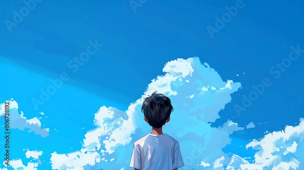 Fototapeta Animation Style Image of a Young Boy Looking at a Large Cloud