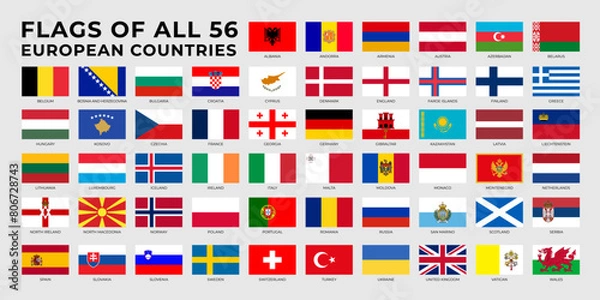 Fototapeta A set of rectangle flags of European countries in alphabetical order. Detailed national flags of Europe countries, including small states and partially European countries. Vector illustration