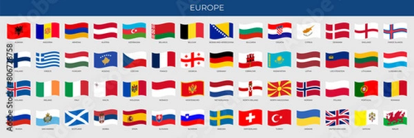 Fototapeta A set of wave-shaped flags of European countries. Detailed national flags of Europe countries, including small states and partially European countries. Vector illustration