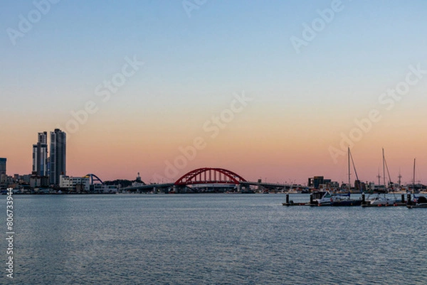 Obraz city harbour bridge at sunset