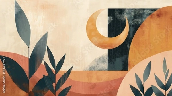Obraz An abstract illustration featuring the overlapping silhouettes of the sun and moon amidst a backdrop of desert flora, rendered in bold mid-century modern style. AI generated