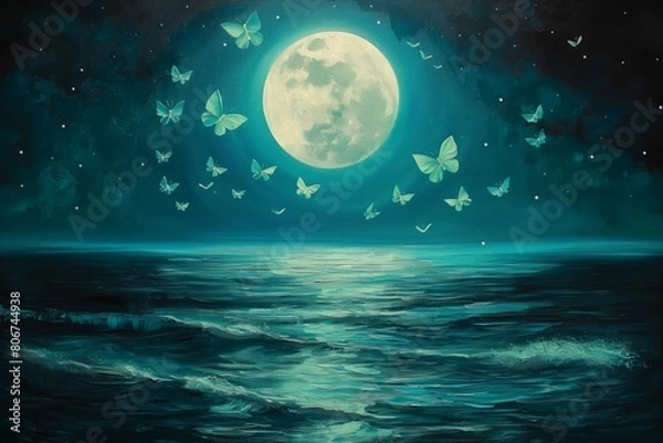 Obraz A canvas painting depicting a serene full moon shining brightly over a calm ocean, with teal green butterflies fluttering across the moonlit sky. AI generated
