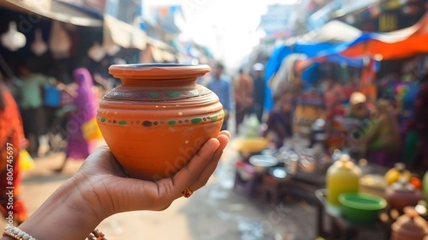 Fototapeta Cultural Exchange A Handholding Clay Pot Filled with Traditional Indian Jal Jeera in a Busy Marketplace
