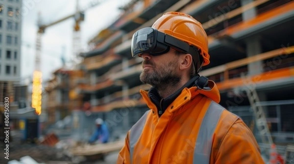 Fototapeta A civil engineer utilizing augmented reality glasses to assess environmental impact and sustainability practices during construction.