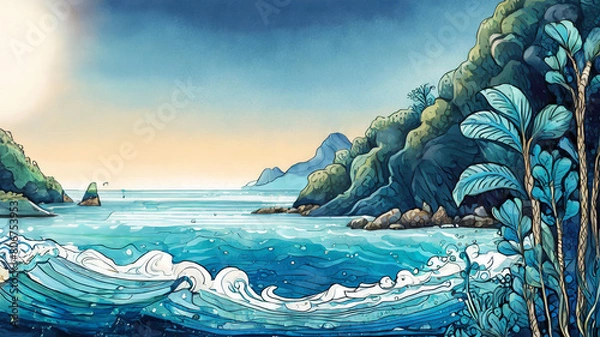 Fototapeta pretty Beach scene in 2d art
