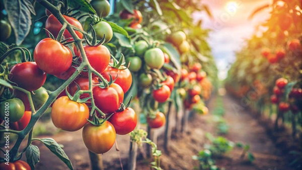 Fototapeta A vibrant display of ripe tomatoes hanging from lush bushes in a home farm’s vegetable garden. The image beautifully captures the bounty of nature and the joy of home gardening.