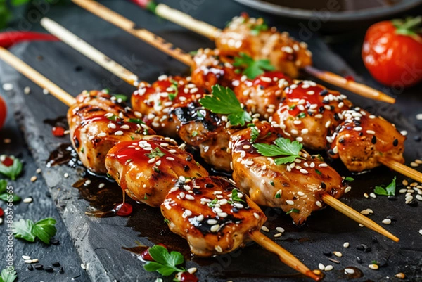 Obraz Chicken skewers with glaze and sesame seeds on a black coaster