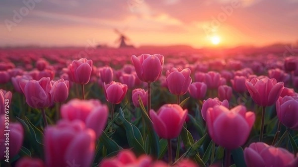 Fototapeta Pink tulip field during a beautiful sunset.