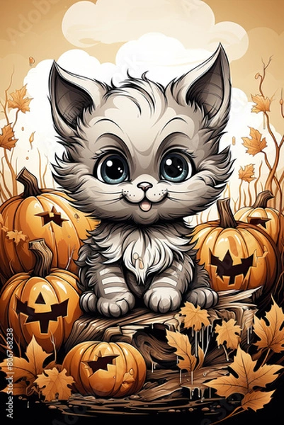 Fototapeta A small kitten sits atop a pile of pumpkins, looking curious and playful in the autumn setting