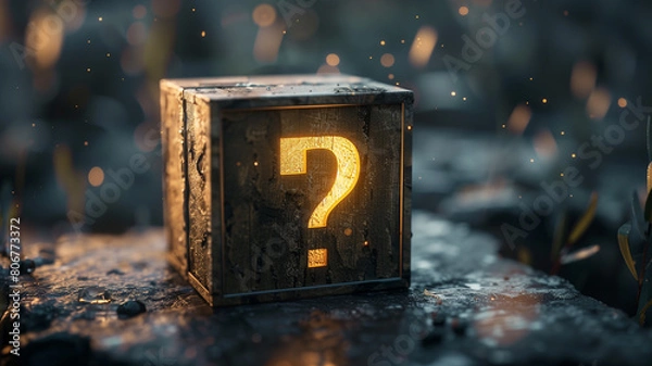 Obraz Mysterious Glowing Question Mark Box in Misty Setting