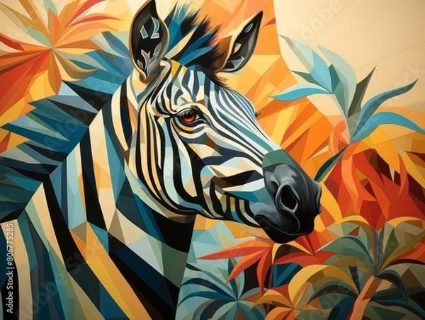 Fototapeta Capture the essence of a geometric safari with vibrant, abstract animal prints in a tilted angle view Create a visually striking fusion of wild patterns and modern artistry