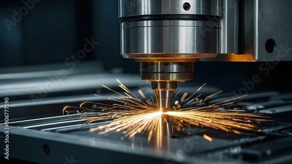 Obraz Precision metal machining with sparks from CNC machine