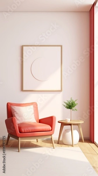 Fototapeta 3d rendering.  A coral armchair and a small table with a plant on it in a living room with a large pink curtain.