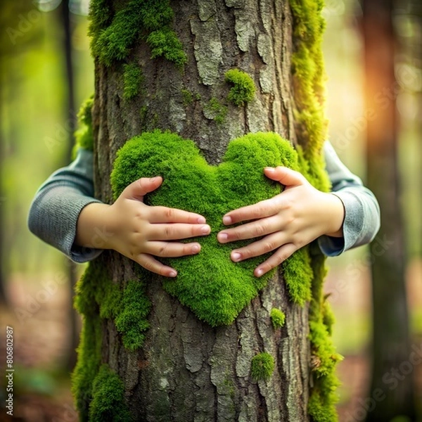 Obraz Nature lover, close up of child hands hugging a tree. Nature lover, close up of child hands hugging tree with heart shaped moss