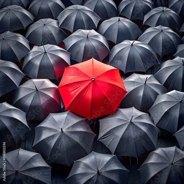 Fototapeta Standing out from the crowd concept. Standing out from the crowd, high angle view of red umbrella between many dark ones in the rain