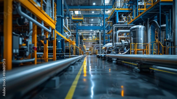 Fototapeta A wide-angle view of a large, modern industrial facility with intricate pipelines and advanced machinery.