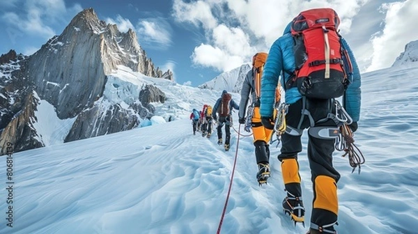 Fototapeta Editorial photography capturing a group of mountaineers roped together on a glacier, highlighting the teamwork and camaraderie of mountain climbing