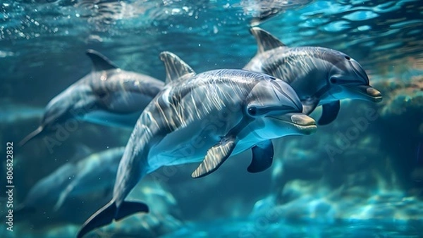 Fototapeta Group of Delphinus delphis dolphins swimming in blue water for repeating pattern. Concept Wildlife Photography, Dolphin Behavior, Ocean Habitat, Marine Mammals, Underwater Patterns