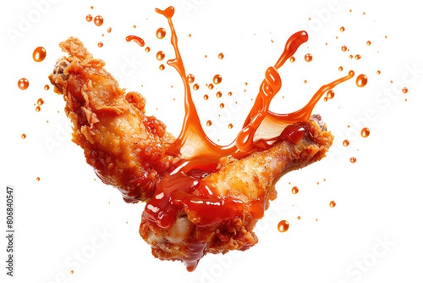 Obraz Hot and spicy chicken wings with a splash of hot sauce. PNG clear Background.