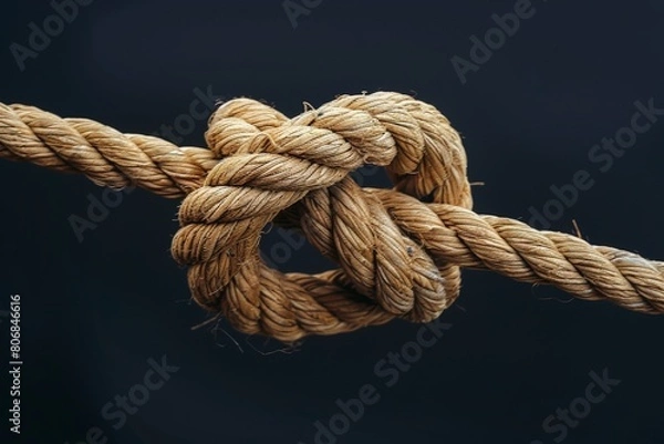 Fototapeta Close-up of a heart-shaped knot in a sturdy rope against a blurred background.. Beautiful simple AI generated image in 4K, unique.