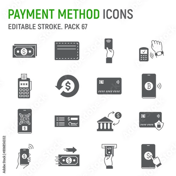 Fototapeta Payment method glyph icon set, electronic money collection, vector graphics, logo illustrations, contactless payment vector icons, online banking signs, solid pictograms, editable stroke