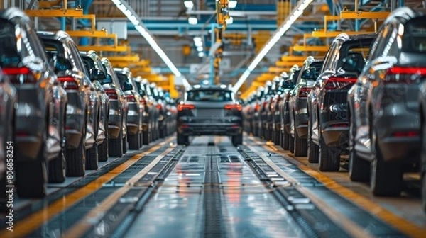 Obraz A wideangle view of a mass production assembly line in a modern car manufacturing plant, with rows of vehicles at various stages of assembly, showcasing industrial efficiency