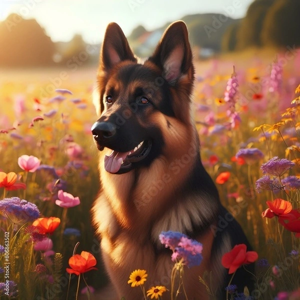 Obraz Berger allemand est assis dans un champ de fleurs