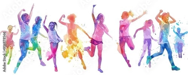 Fototapeta A group of children are running and jumping in a colorful line, Children’s Concept.