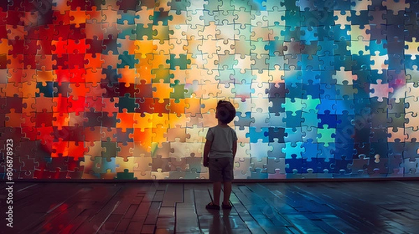 Fototapeta boy stands in awe before a massive, colorful wall made of puzzle pieces symbolizing complexities beauty of perception childhood learning challenges and unique ways in which each person sees the world