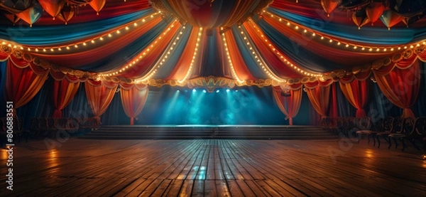 Fototapeta Title: Enchanting Circus Stage with Dramatic Curtains. Majestic circus stage, draped in luxurious curtains, illuminated by lights, ready for a spectacular performance.