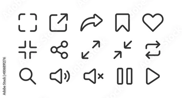 Fototapeta User interface icon. Social media button. UI UX app, website. Link, sound, share, search set.