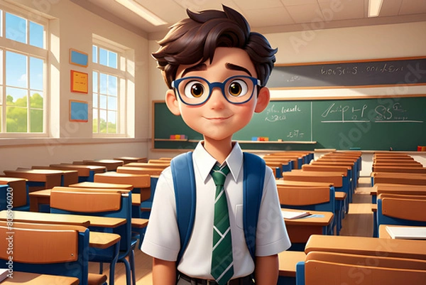 Obraz School Boy Cartoon Character in the Classroom