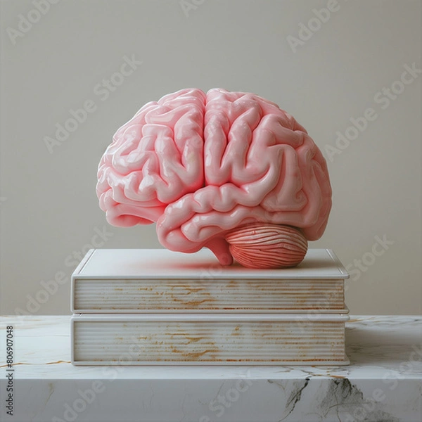 Fototapeta human brain on books, surrounded by a plain background