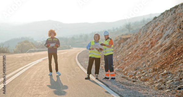 Fototapeta A team of engineers and workers oversees a wind turbine project at a modern wind farm, working together to ensure the efficient generation of renewable energy