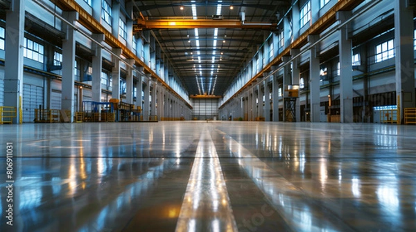 Obraz Spacious and empty industrial warehouse interior with glossy reflective floor and high ceilings.
