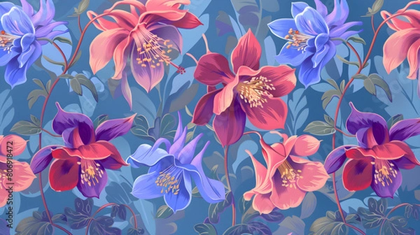 Fototapeta Flat Color Columbines, Aquilegias	