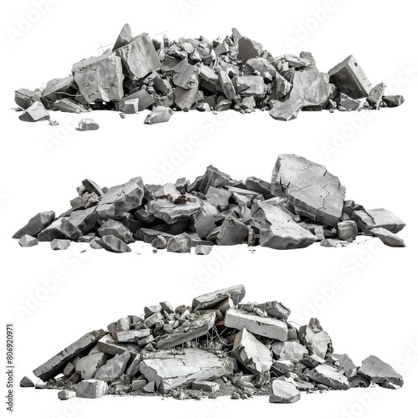 Obraz Panorama. A pile of concrete gray fragments of a destroyed building illuminated by the sun with a huge support beam in the foreground, isolated on a white background.
