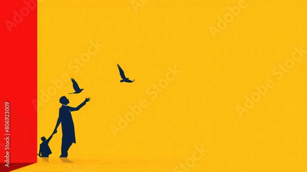 Fototapeta A father and child release doves into the air, symbolizing hope