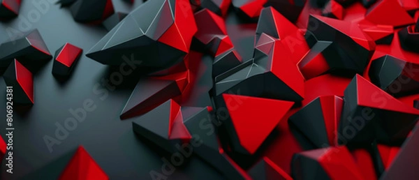 Fototapeta Abstract chaos of black and red polygons scattering on a dark background.