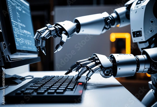 Obraz robot finger Typing on computer keyboard Saw a complex program writing screen.
